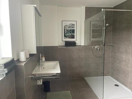 La salle de bains est pourvue d'un lavabo et d'une douche. dans l'établissement Kempten mit Bauernhof-Flair, à Kempten