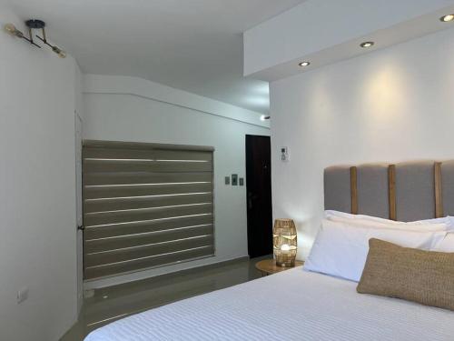 a bedroom with a white bed with a large closet at Suite Mirador Deluxe in Chihuahua