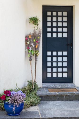 a black door with a bunch of flowers in a blue pot at B&B Il Vigneto in Melano