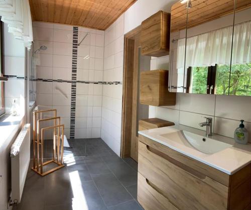 La salle de bains est pourvue d'un lavabo et d'une douche. dans l'établissement Ferienhaus Mariental, à Rudolstadt