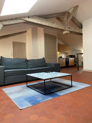 un salon avec un canapé et une table basse dans l'établissement Appartement de charme au cœur d'Avignon, à Avignon