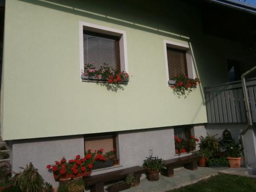 a building with two windows with flowerpots of flowers at Apartment Žvan in Bohinj