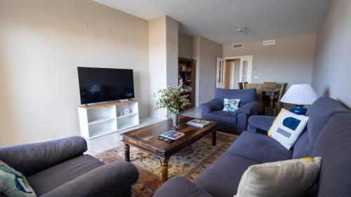 ein Wohnzimmer mit blauen Sofas und einem Couchtisch in der Unterkunft Seaview and big terrace Cabopino in Marbella