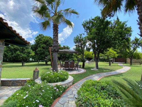 un jardín con una palmera, una mesa y sillas en Ktima Zotos luxury exotic cottage, en Agria