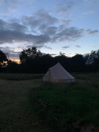 a tent in the middle of a field at sunset at Bluebell Wilds in Whitchurch