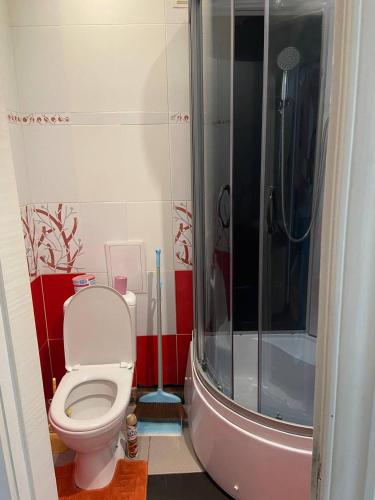 a bathroom with a toilet and a shower at Apartment in Shoduar's park in Zhytomyr