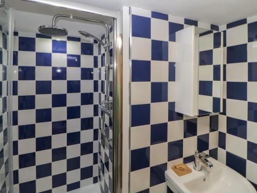 a bathroom with a blue and white checkered wall at Alexandra Cottage in Looe