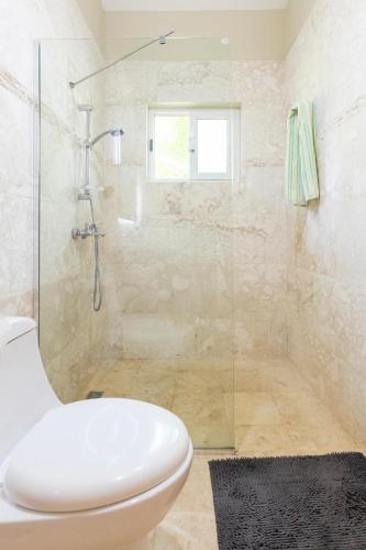 a bathroom with a toilet and a glass shower at 2 Bed 2 Bath Villa with Jacuzzi, High Speed Wi-Fi in Sosúa