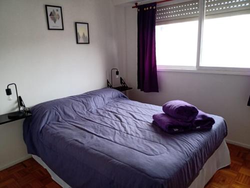 Un dormitorio con una cama con sábanas moradas y una ventana en Lo de Susi en Buenos Aires