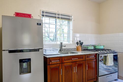 a kitchen with a refrigerator and a sink at Palm Leaf Cottage in Montego Bay