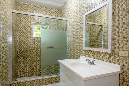 y baño con lavabo y ducha. en Palm Leaf Cottage, en Montego Bay