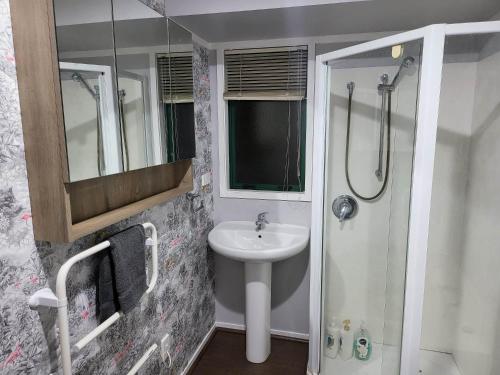 a bathroom with a sink and a shower at Hatea Treehouse in Whangarei