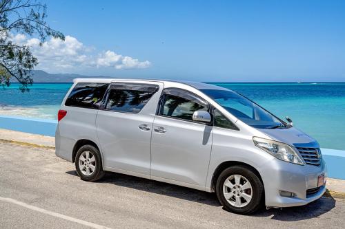 a small white van parked next to the ocean at Palm Leaf Cottage in Montego Bay