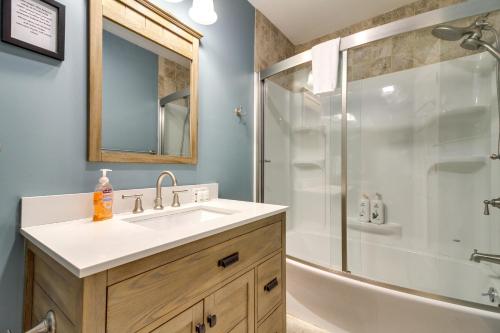 a bathroom with a sink and a shower at Vermont Vacation Rental Hot Tub, Near Ski Resorts in Mount Holly