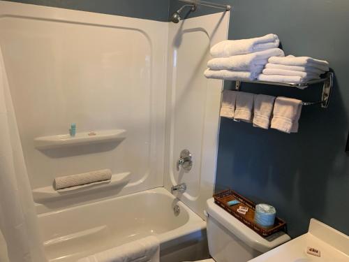 y baño con ducha, aseo y toallas. en Legges Motel & Restaurant, en Heartʼs Content