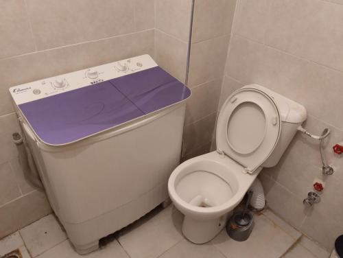 a bathroom with a toilet with a purple lid at Chambre privée dans une appartement calme 