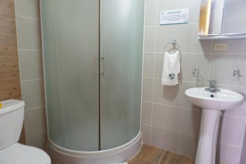 a bathroom with a shower and a toilet and a sink at The Woods By Celebration in Jarabacoa