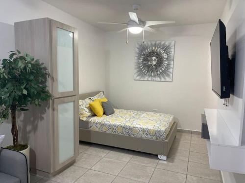 a room with a bed with a fan and a tv at Domo Arigato 3 in San Juan