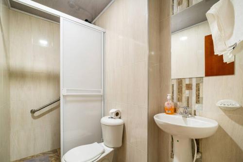 伊薩的住宿－ALOJAMIENTO DE VIVIENDA EL BALCON，浴室配有卫生间、盥洗盆和淋浴。