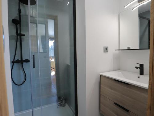 a bathroom with a glass shower and a sink at Appartement Les Gets, 2 pièces, 4 personnes - FR-1-623-304 in Les Gets