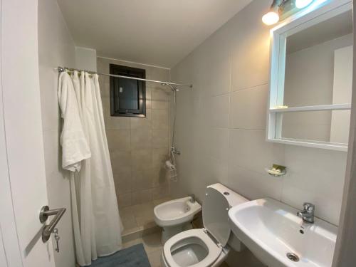 a white bathroom with a toilet and a sink at Excepcional apartamento, con patio cochera y parrilla en el centro in La Cieneguita