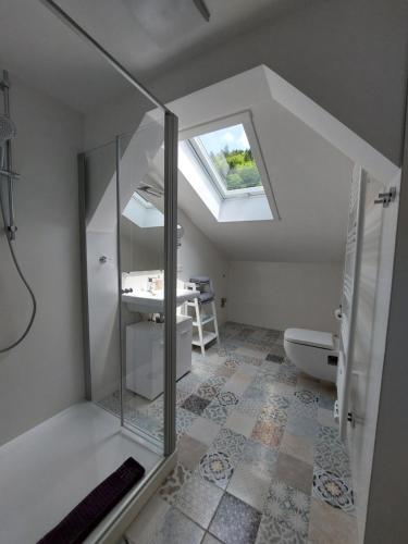 een badkamer met een douche, een toilet en een wastafel bij AlpenLodge Berchtesgaden in Berchtesgaden