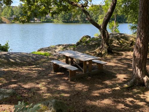a wooden picnic table sitting next to a lake at Lower floor of 50 sqm in nice villa with parking in Stockholm