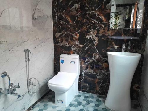 a bathroom with a toilet and a sink at Hotel O Bareen Home Stay in Srinagar