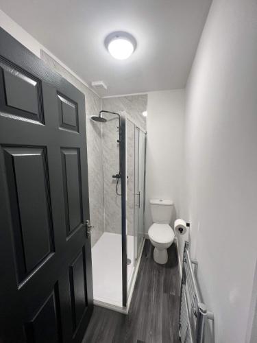 ein Bad mit einer Dusche, einem WC und einer Tür in der Unterkunft Two Bedroom Apartment in Seacombe