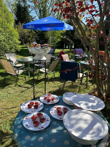 a table with plates of food on it with an umbrella at Altja Villa-Cottage with sauna in Altja