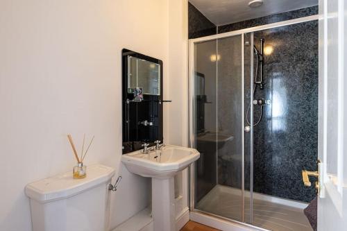 ein Bad mit einem WC, einem Waschbecken und einer Dusche in der Unterkunft Rokeby House, Reeth in Reeth