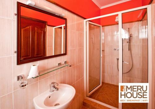 ein Bad mit einem Waschbecken, einer Dusche und einem WC in der Unterkunft The Meru House in Nkubu