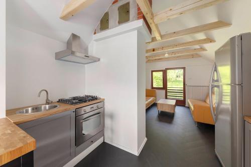 a kitchen with a sink and a stove top oven at Appleby Apartments Kersnik in Bohinj