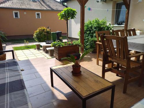 patio ze stołem, krzesłami i doniczką w obiekcie Kurucz Vendégház Hajdúszoboszló w Hajduszoboszlo