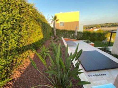 a garden with a hedge and a walkway next to a house at Casa da alegria in Vau