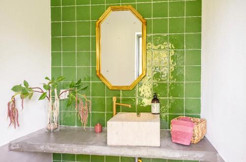 uma casa de banho com azulejos verdes, um lavatório e um espelho. em Monte da Marouca-Mont’Argil em Montargil