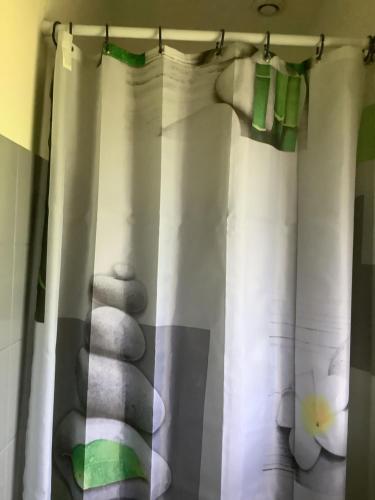 a curtain with a cat and a pile of rocks at la dolce farniente in Biaudos