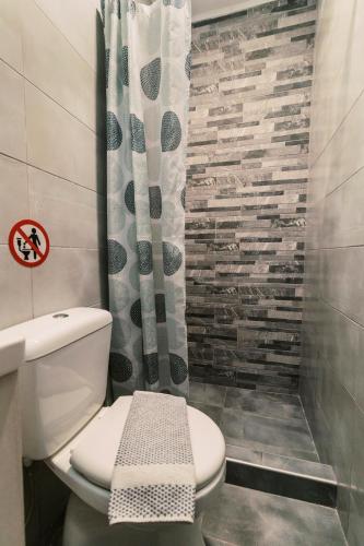 a bathroom with a toilet and a shower curtain at Fay's Suites in Ialysos