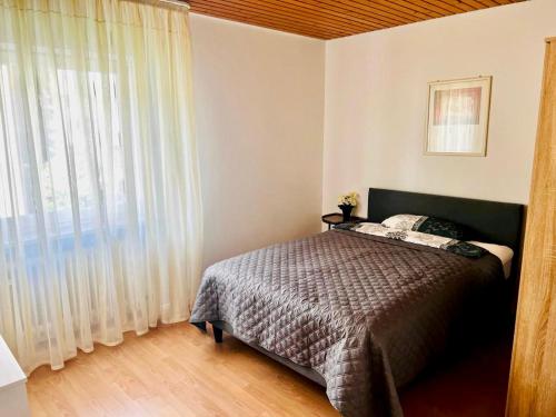 - une chambre avec un lit et une grande fenêtre dans l'établissement FerienwohnungNord, à Singen