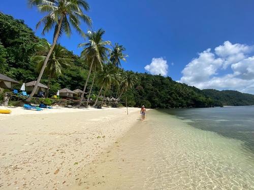 a person walking on a beach with palm trees at Tuburan Cove Beach Resort in Buruanga