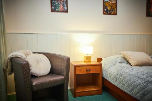 a bedroom with a chair and a bed and a lamp at Penzion Weber in Český Krumlov