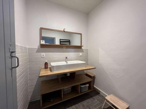 une salle de bain avec un lavabo et un miroir au mur dans l'établissement Maison rénovée 2 chambres proche plage avec jardin clos et terrasse - Noirmoutier-en-l'Île - FR-1-224B-103, à Noirmoutier-en-l'lle