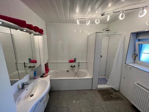 a bathroom with a tub and a sink and a shower at Feriendomizil Schleich im Thermenland in Bad Gleichenberg