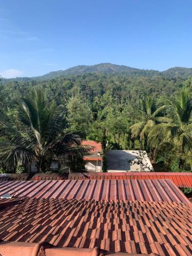 a roof of a house with palm trees in the background at Shivalaya Homestay in Madikeri