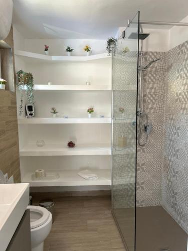 La salle de bains est pourvue d'une douche, de toilettes et d'étagères. dans l'établissement Amarcord, à Pouzzoles