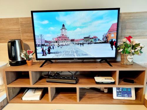 TV a schermo piatto seduta sopra un supporto TV di Casa de vis a Braşov