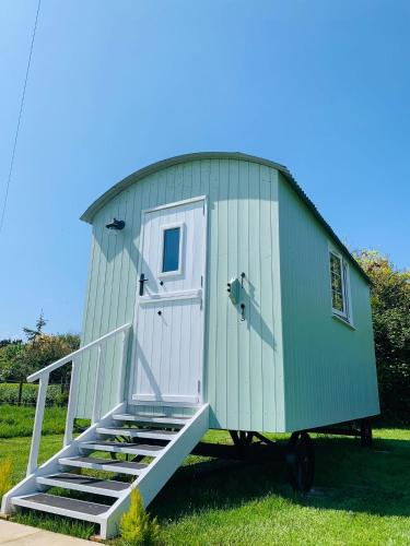 a green shed with a white door and stairs at Bells Meadow Shepherds Hut in Kings Lynn