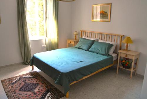 1 dormitorio con cama con sábanas azules y ventana en Apartma Na Trati, en Izola