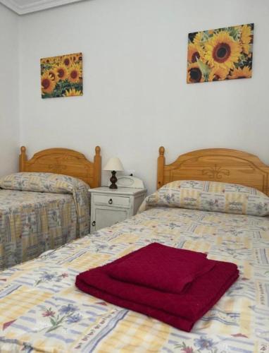 1 dormitorio con 2 camas y manta roja en Piso Los Jardines, en Peñaranda de Bracamonte