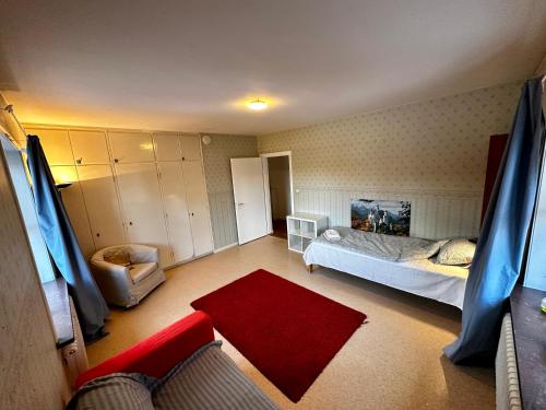 Ljungaverk的住宿－Ljungaverk trerummare 90kvm，一间小卧室,配有一张床和红色地毯
